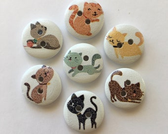 Cat Buttons, Kitten Buttons, Feline Buttons, Sewing Supplies, Wooden Buttons, Embellishments, 15mm Buttons, Scrapbooking, Craft Supplies