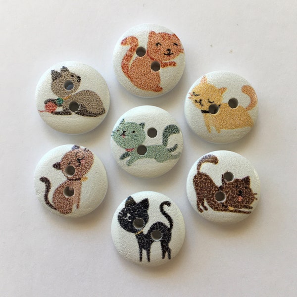 Cat Buttons, Kitten Buttons, Feline Buttons, Sewing Supplies, Wooden Buttons, Embellishments, 15mm Buttons, Scrapbooking, Craft Supplies
