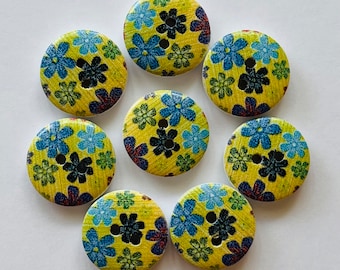 Flower Buttons, 15mm Floral Buttons, Yellow Buttons, Blue Buttons, Sewing Supplies, Scrapbooking, Embellishments, Wooden Buttons