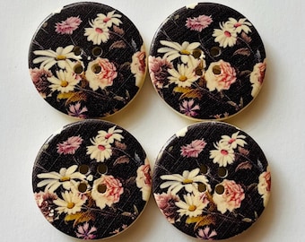 Black Vintage Oil Painting Floral Buttons, 30mm Wooden Buttons, Sewing Supplies