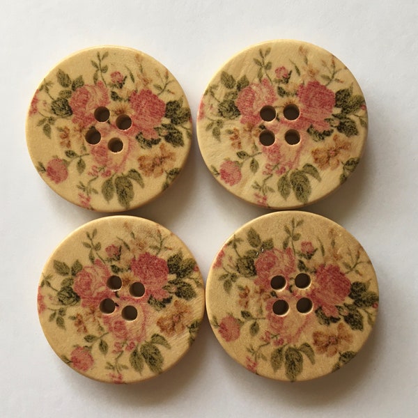 Pink Rose Buttons, 30mm Buttons , Sewing Supplies, Scrapbooking, Embellisments, Flower Buttons, Large Wooden Buttons, Decorative Buttons