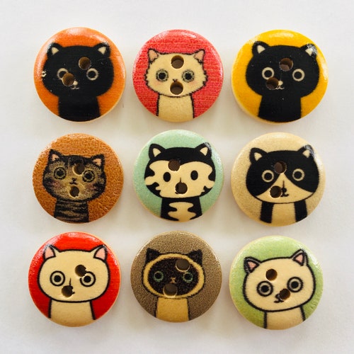 Cat Buttons, Wooden Buttons, Sewing Supplies, Kitten Buttons, Embellishments, 2 Hole Buttons, Scrapbooking, Craft Supplies