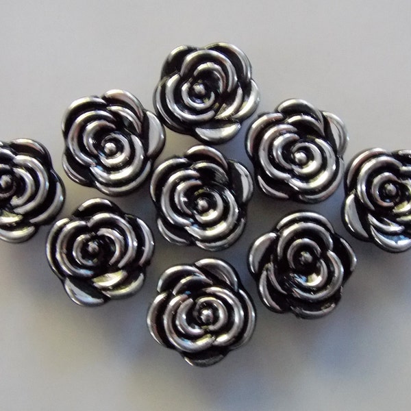Black Rose Buttons, Silver Edge Buttons, Sewing Supplies, Scrapbooking, Embellishments, Flower Buttons, Rose Buttons, Acrylic Buttons