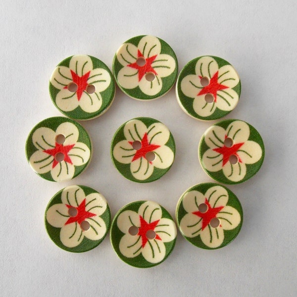 Flower Buttons, Floral Buttons, Green Buttons, White Flower Buttons,  Sewing Supplies, Embellishments, Scrapbooking, Craft Supplies