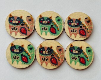 Retro Cat Buttons: 1" Wooden Kitten Sewing Embellishments