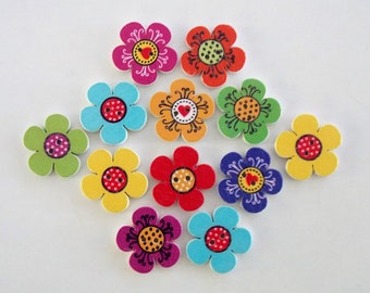 Flower Wooden Buttons, Colorful Floral Embellishments, 20mm