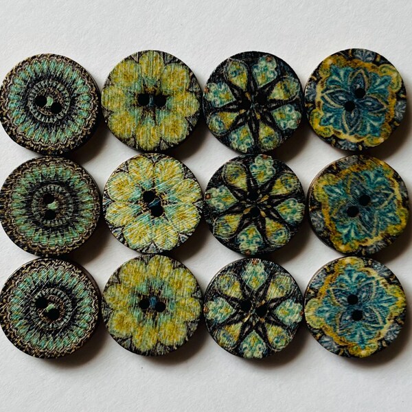 Patterned Wooden Buttons, Bohemian Style, 15mm Sewing Supplies