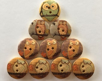 Owl Buttons, 15mm Buttons, Bird Buttons, Sewing Supplies, Scrapbooking, Embellishments, Brown Buttons, Wooden Buttons