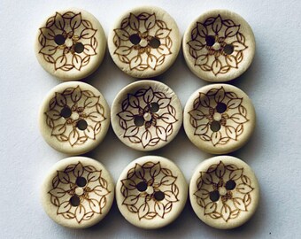 Natural Wooden Buttons, Cream Leaf Design (13mm)