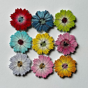 Floral Wooden Buttons, Colorful Flower Embellishments (20mm)