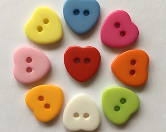 Heart Buttons, Colourful 15mm Resin Embellishments