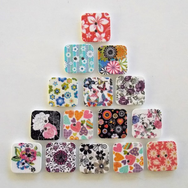 Square Flower Buttons, Wooden Embellishments, 15mm