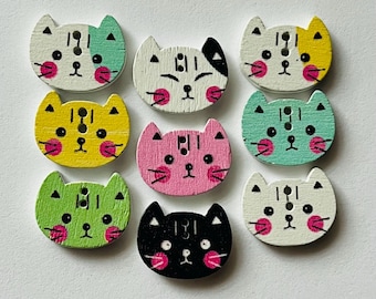 Cat Kitten Wooden Buttons, 1/2" Sewing Embellishments (8 or 12 Pack)