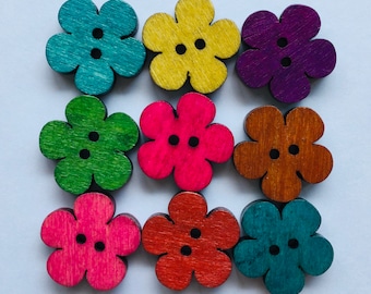 Flower Buttons, 20mm Buttons, Pink Buttons, Yellow Buttons, Blue Buttons, Sewing Supplies, Scrapbooking, Embellishments, Wooden Buttons