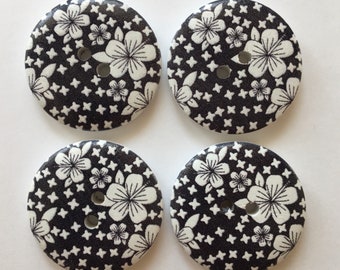 Flower Buttons, Black Floral Buttons, Sewing Supplies, Scrapbooking, Embellishments, Black Buttons, Wooden Buttons