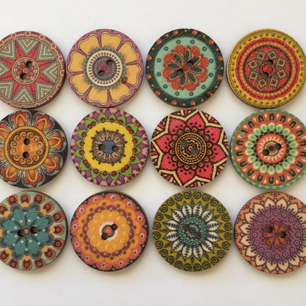 Patterned Buttons, 1 inch Buttons, Boho Buttons, Wooden Buttons, Sewing Supplies, Embellishments, Scrapbooking, Craft Supplies