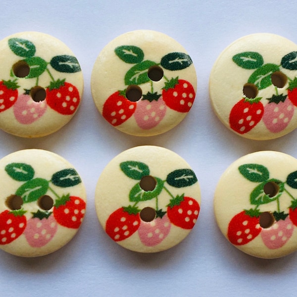 Strawberry Buttons, Wooden Buttons, Berry Buttons, Fruit Buttons, Sewing Supplies, Scrapbooking, Embellishments,  2 Hole Buttons