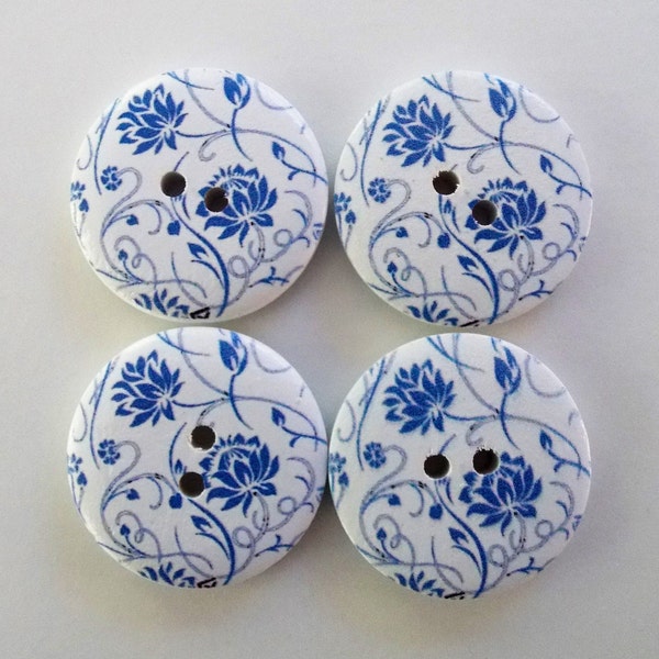 Blue Flower Buttons, 30mm Buttons, Floral Buttons, Vintage Look Buttons, Sewing Supplies, Scrapbooking, Embellishments, White Floral Buttons