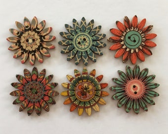 Patterned Wooden 1” Flower Buttons, Boho Sewing Embellishments