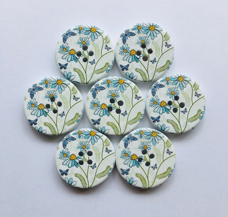 Floral Buttons, 30mm Buttons, Butterfly Buttons, Daisy Buttons, Sewing Supplies, Scrapbooking, Embellishments, Blue Flower Buttons image 2