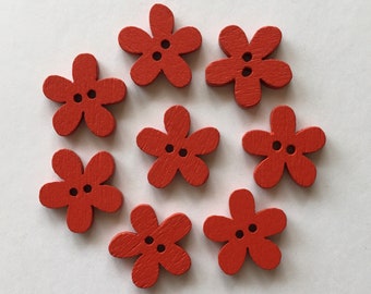 Flower Buttons, Red Buttons, Wooden Buttons, Floral Buttons, Sewing Supplies, Scrapbooking, Embellisments,  2 Hole Buttons