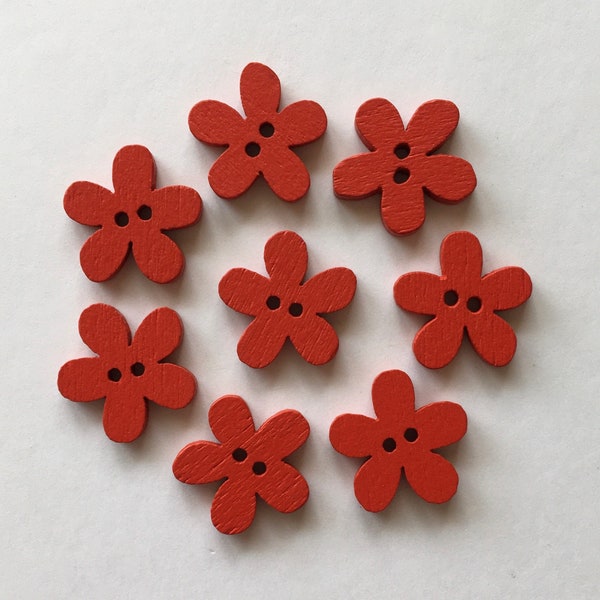 Flower Buttons, Red Buttons, Wooden Buttons, Floral Buttons, Sewing Supplies, Scrapbooking, Embellisments,  2 Hole Buttons