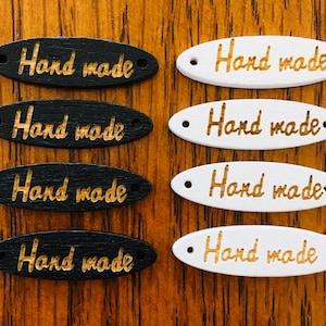 Handmade Wooden Tag Buttons, Sewing Supplies, Black or White, Gold Lettering