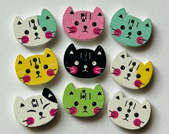 Cat Kitten Feline Buttons, Sewing Supplies, 1/2" Wooden Buttons, Embellishments, Scrapbooking, Craft Supplies