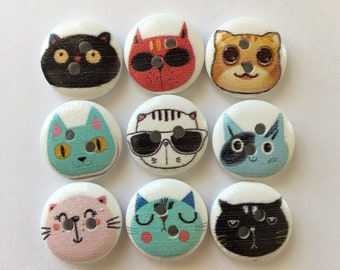 Cat Buttons, 15mm Buttons, Feline Buttons, Sewing Supplies, Wooden Buttons, Embellishments, Kitten Buttons, Scrapbooking, Craft Supplies