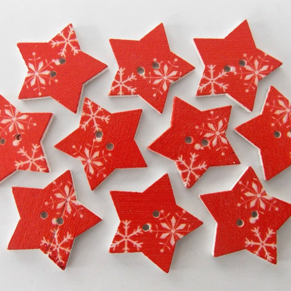 Star Buttons, 25mm Buttons, Red Star Buttons, Wooden Buttons, Sewing Supplies, Scrapbooking, Embellishments, Christmas Buttons, Red Buttons