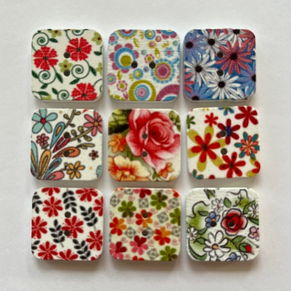 Square Buttons, Wooden Buttons, Floral Buttons, Sewing Supplies, Scrapbooking, Embellishments, Decorative Buttons