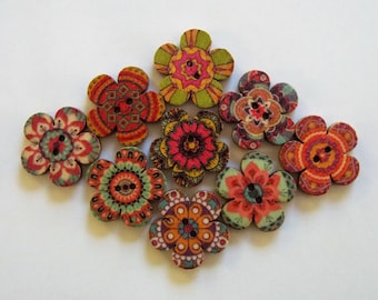 Flower Buttons, 20mm/25mm Patterned Buttons, Floral Buttons, Bohemian Buttons, Sewing Supplies, Scrapbooking, Embellishments, Wooden Buttons