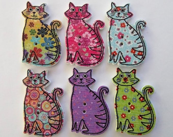 Floral Cat Wooden Buttons, Sewing Embellishments, 30mm