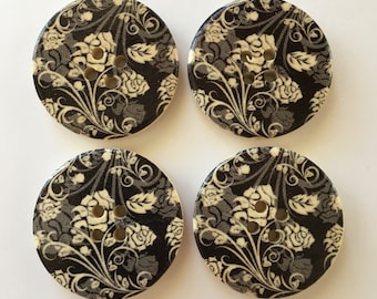 Floral Buttons, 30mm Buttons, Black Flower Buttons, Large Buttons, Sewing Supplies, Scrapbooking, Embellishments, Flower Buttons