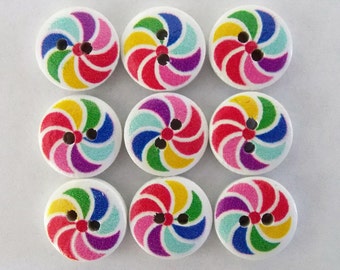 Pinwheel Buttons, Rainbow Buttons, Wooden Buttons, Swirly Buttons, Sewing Supplies, Scrapbooking, Embellishments