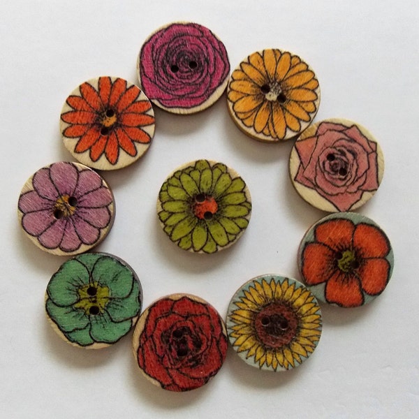 Flower Buttons, 20mm Buttons, Sewing Supplies, Scrapbooking, Embellishments, Floral Buttons, Wooden Buttons