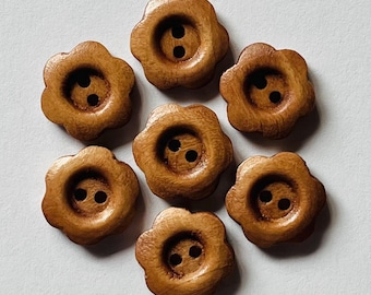 Rustic Brown Flower Buttons, 15mm Wooden Sewing Embellishments