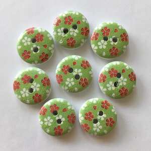 Botões de flores, botões florais, botões verdes, botões de 15 mm, suprimentos de costura, scrapbooking, enfeites, botões de madeira, fabricação de cartões