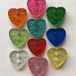 Heart Buttons, 1/2” Glitter Buttons, Sewing Supplies, Scrapbooking, Embellishments,  2 Hole Buttons, Resin Buttons