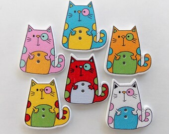 Colourful Cat Wooden Buttons, Sewing, Scrapbooking (1 inch)