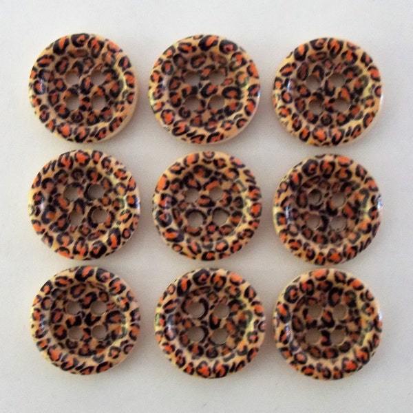 Leopard Print Buttons, Wooden Buttons, 15mm Buttons, Sewing Supplies, Scrapbooking, Embellishments,  2 Hole Buttons, Card Making