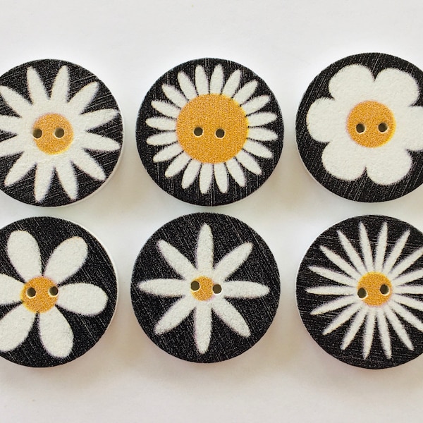 Daisy Buttons, Flower Buttons, Black and White Buttons, Floral Buttons, Sewing Supplies, Scrapbooking, Embellishments, 20mm Buttons