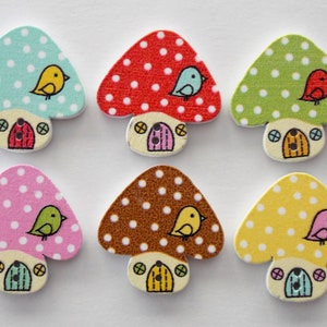 Mushroom Buttons, House Buttons, Wooden Buttons, Sewing Supplies, Embellishments, Scrapbooking, Craft Supplies, Bird House Buttons