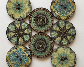 Patterned Wooden 20mm Buttons, Boho Sewing Embellishments