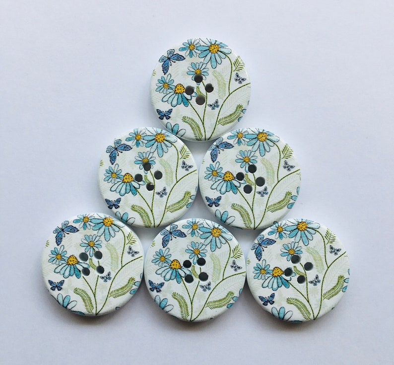 Floral Buttons, 30mm Buttons, Butterfly Buttons, Daisy Buttons, Sewing Supplies, Scrapbooking, Embellishments, Blue Flower Buttons image 3