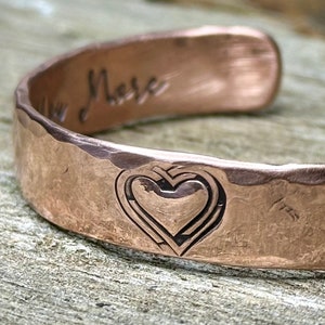 Heart Copper Cuff Bracelet, Valentines Day Gift for Her, Handmade Bracelet, Custom Made, Engraved, Solid Copper Bracelet image 1