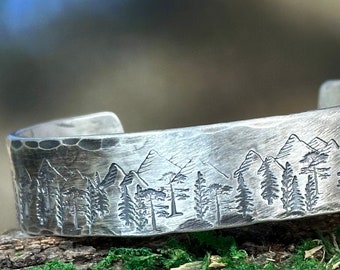 Mountains and Trees Sterling Silver Cuff Bracelet, Personalized Bracelet