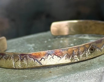 Mountains and Trees Bronze Cuff Bracelet, Personalized Bracelet, Gift for Wife, 8th Anniversary Gift for Her