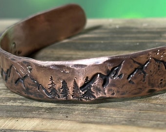 Mountains and Trees Copper Cuff Bracelet, Personalized Bracelet