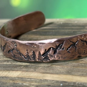 Mountains and Trees Copper Cuff Bracelet, Personalized Bracelet